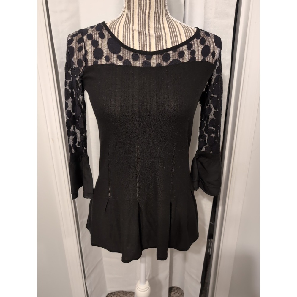 Vtg. Avec Silk Blend Black Mesh Bell Sleeve Whimsygoth Pleated Tunic Sz. Small